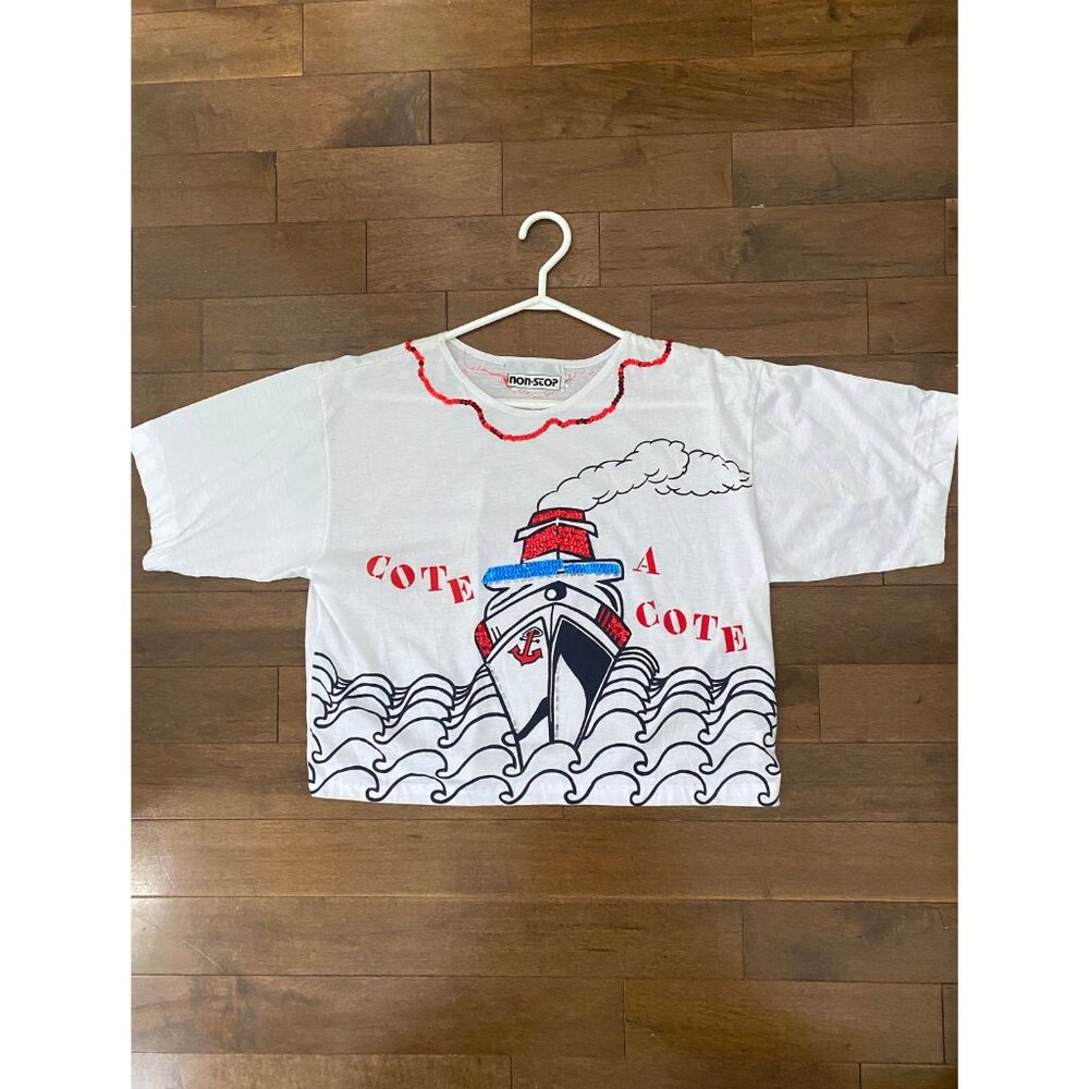 90s vintage novelty nautical sailing sequins cropped cotton tee shirt crop top - Picture 8 of 9